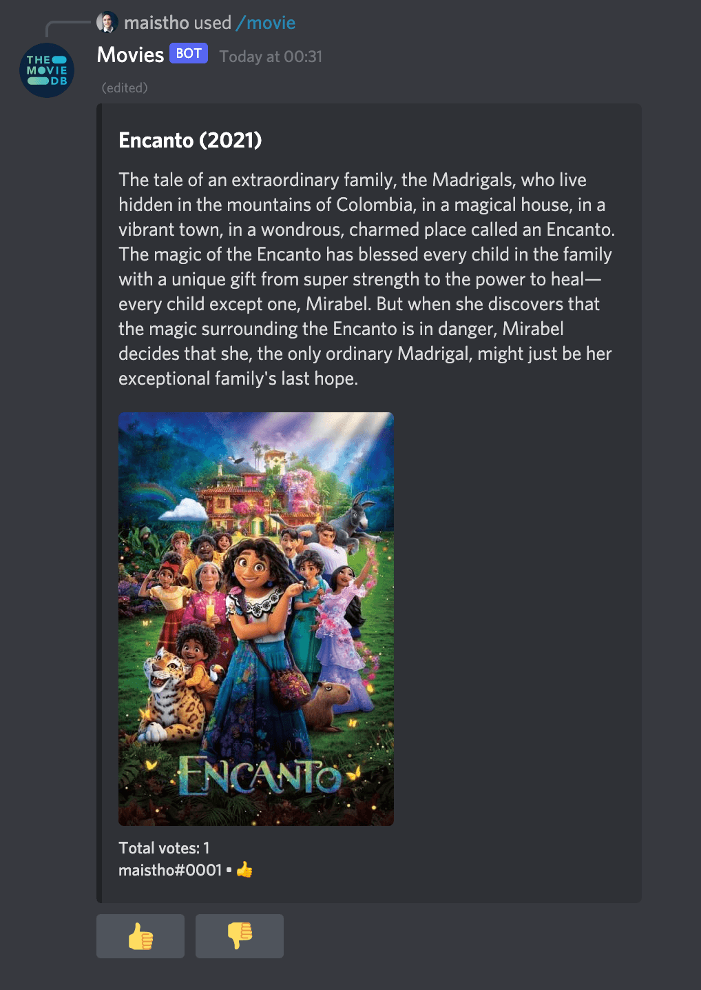 screenshot of the bot showing the movie Encanto (2021) and a single vote